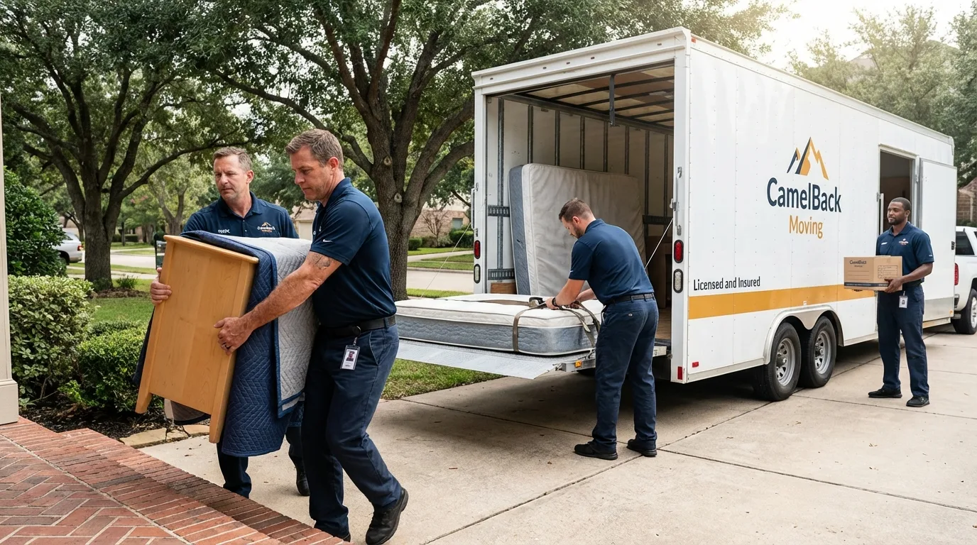 Crew loading residential truck for cross-state move from Orange, CT