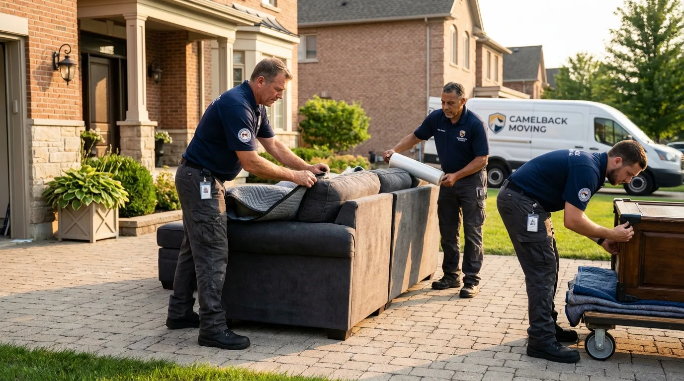 Large estate moving crew wrapping furniture in Orange, CT