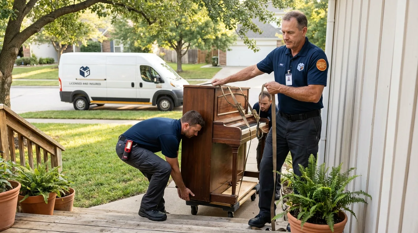 Licensed piano movers securing grand piano in Orange, CT