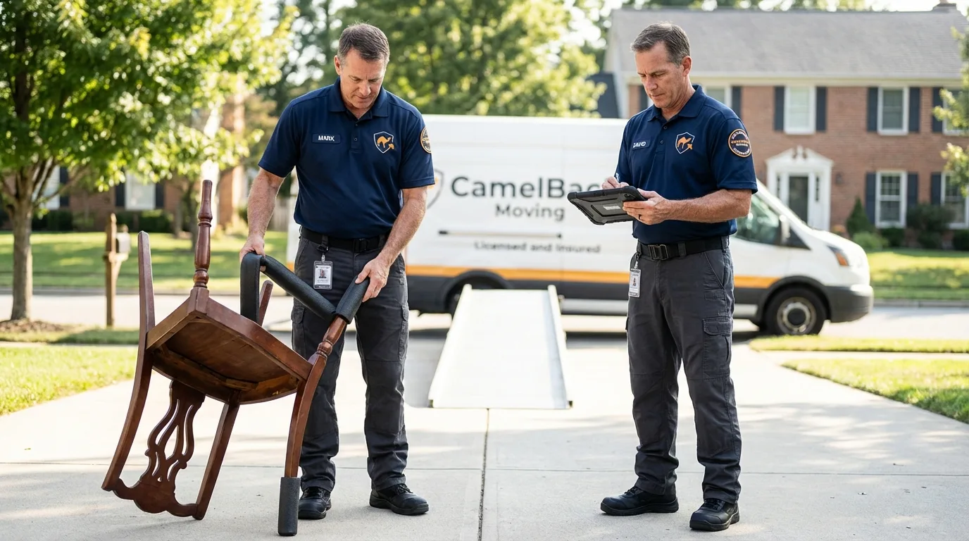 Movers inspecting furniture for damage prevention before loading in Orange, CT