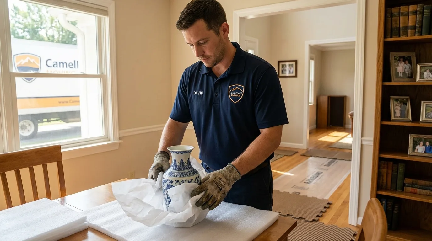 Professional crew carefully wrapping antique vase for senior downsizing move in Orange, CT