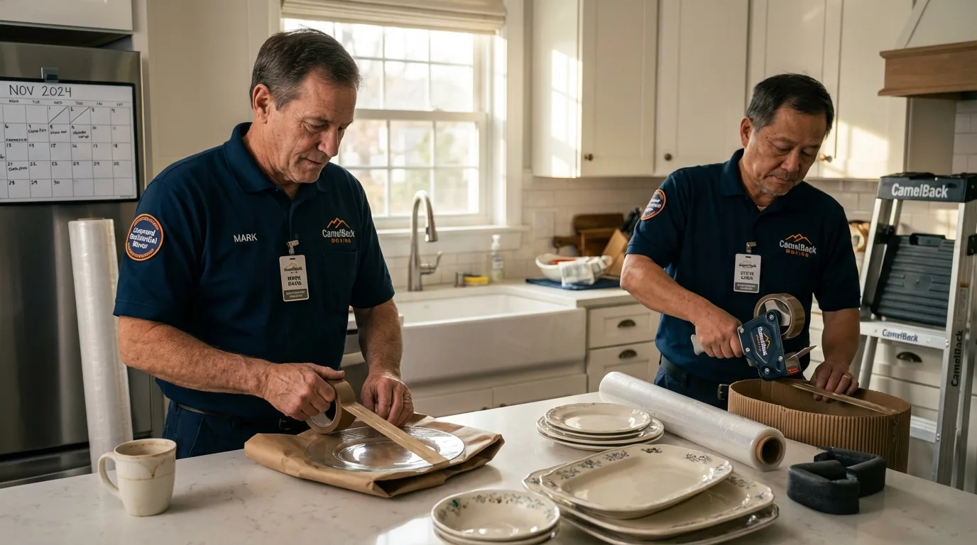 Professional crew packing kitchen dishware in Orange, CT